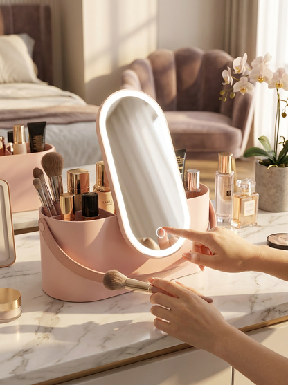 Portable LED Makeup Mirror with Storage